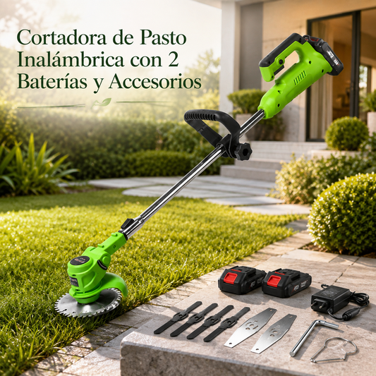 Cortadora de Pasto Inalámbrica para hogar y jardines con 2 Baterías y Accesorios