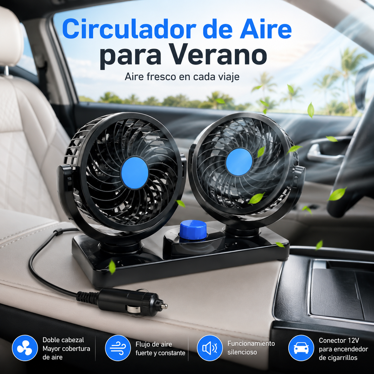 Ventilador Doble 12V para Auto con Giro 360° y Base Autoadhesiva