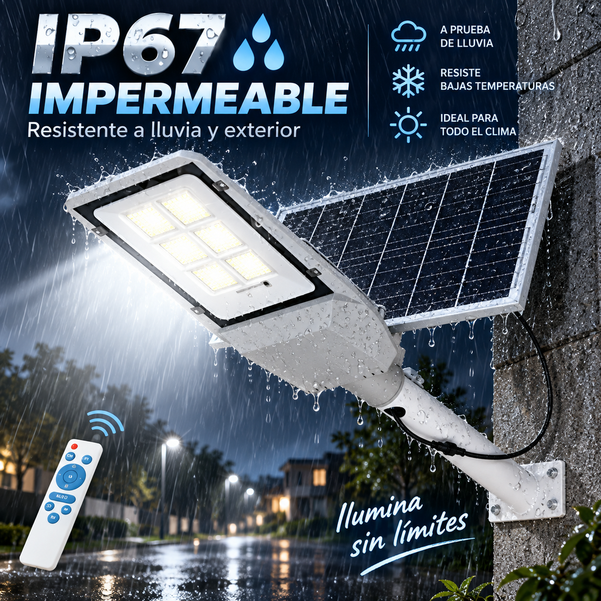 Foco solar LED IP67 instalado en muro exterior bajo lluvia