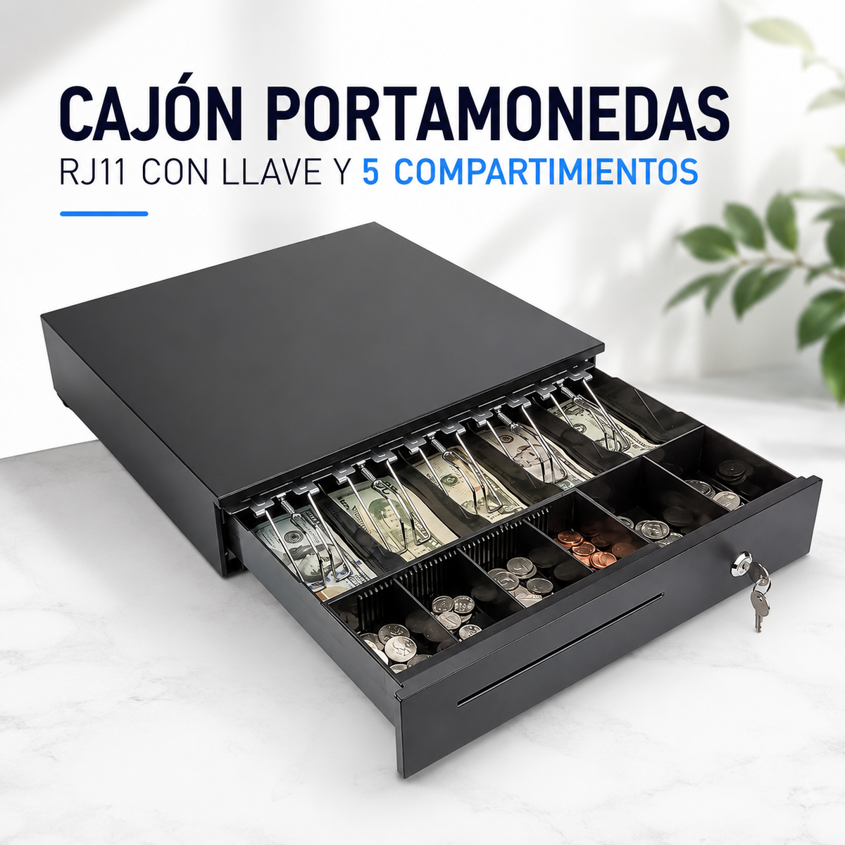 Cajon Portamonedas RJ11 con Llave y 5 Compartimientos