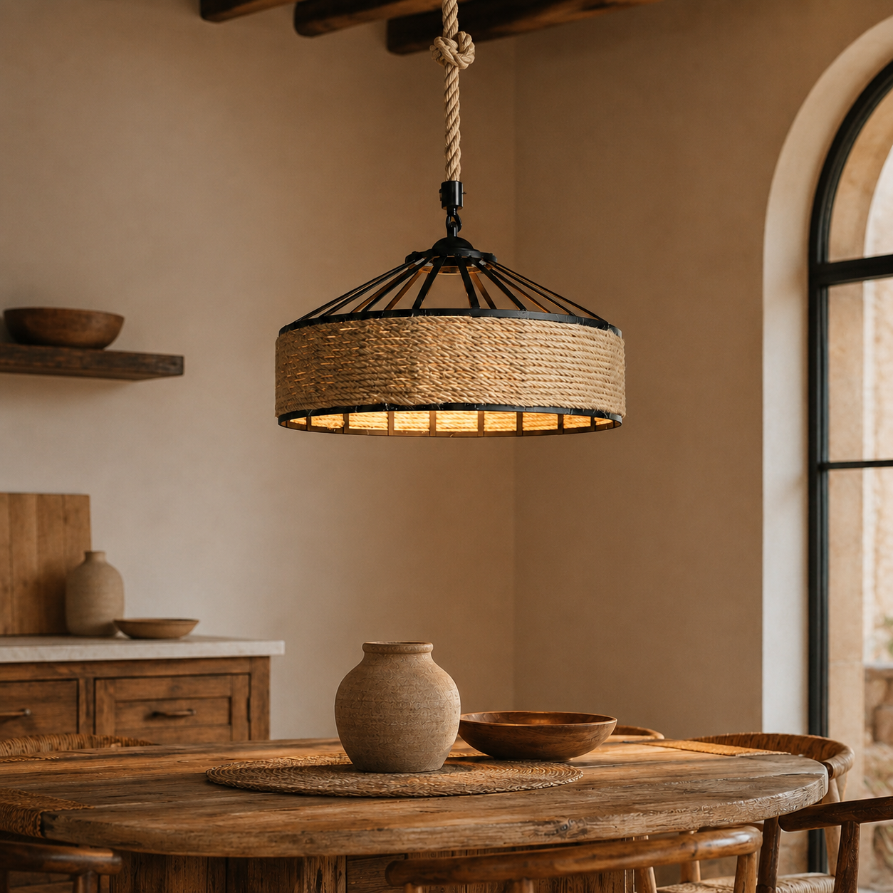 Lámpara colgante de ratán natural para comedor, living y decoración rústica