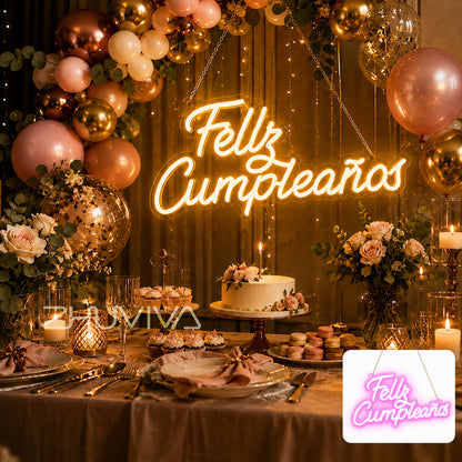 Letrero neón LED Feliz Cumpleaños en luz cálida para mesa dulce y celebración