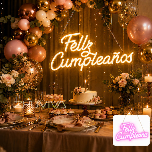 Letrero neón LED Feliz Cumpleaños en luz cálida para mesa dulce y celebración