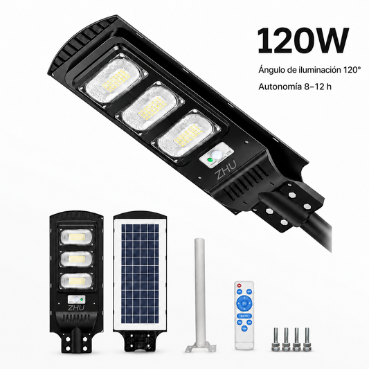 ZHU｜Foco Solar LED 120W Tipo Poste con Soporte  Sensor y Control Remoto para Patio y Jardín