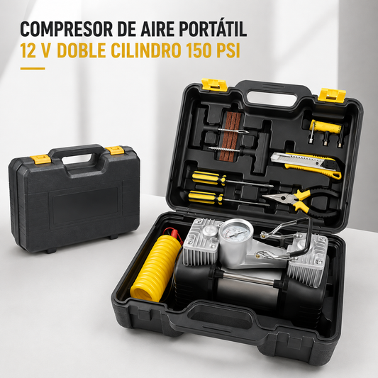 Compresor de Aire Portátil 12 V Doble Cilindro 150 PSI