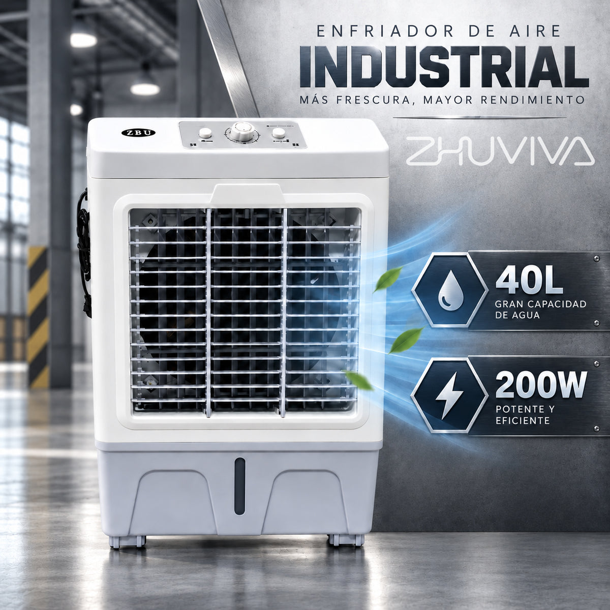 Enfriador evaporativo industrial blanco de 40 L y 200 W con rejilla frontal