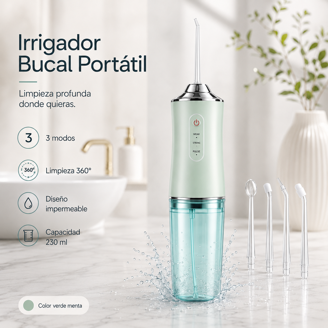 Irrigador bucal portátil verde con tanque 230ml para ortodoncia y brackets