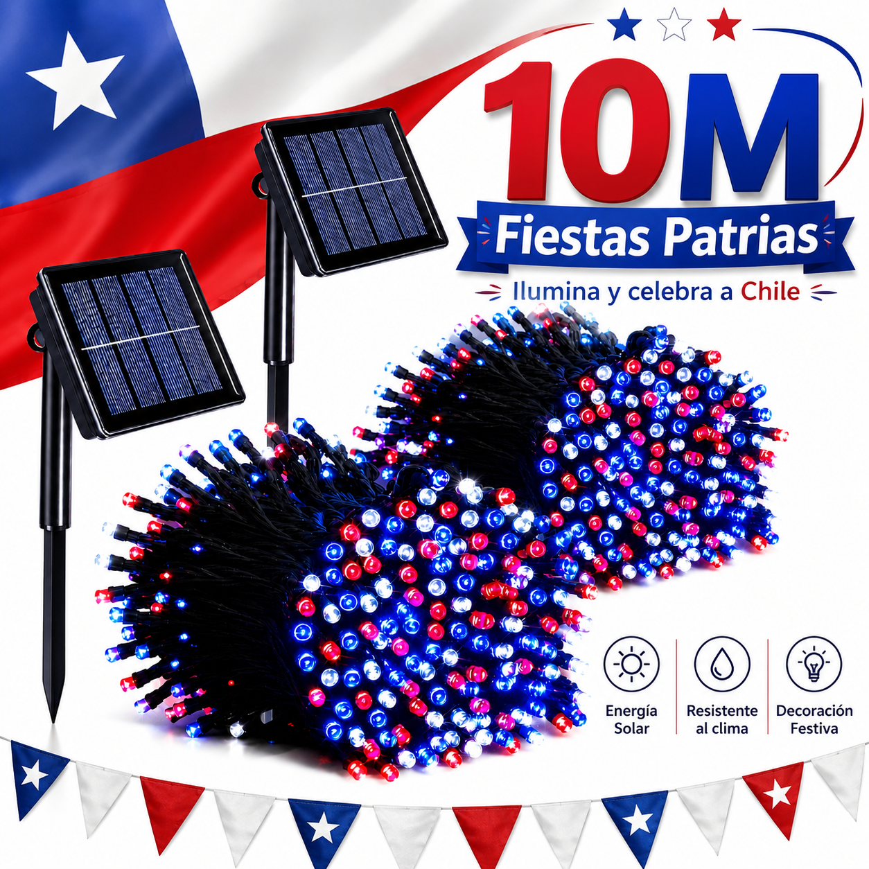 Pack 2 Guirnaldas Luces Solares LED IP65 para Fiestas Patrias Chile Jardín Terraza Exterior