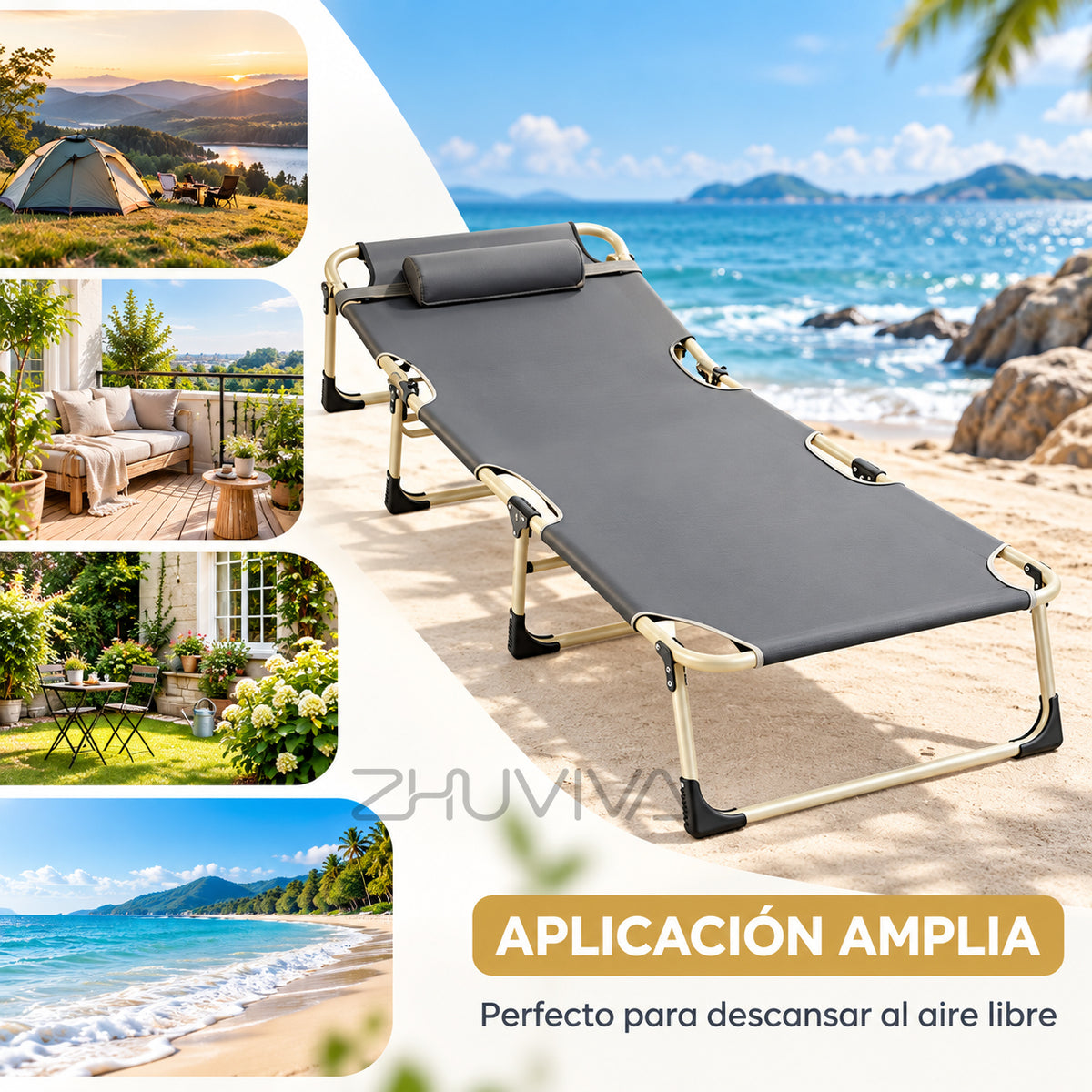 Catre Plegable Portátil Gris para Playa, Piscina y Camping con Soporte de 100 kg