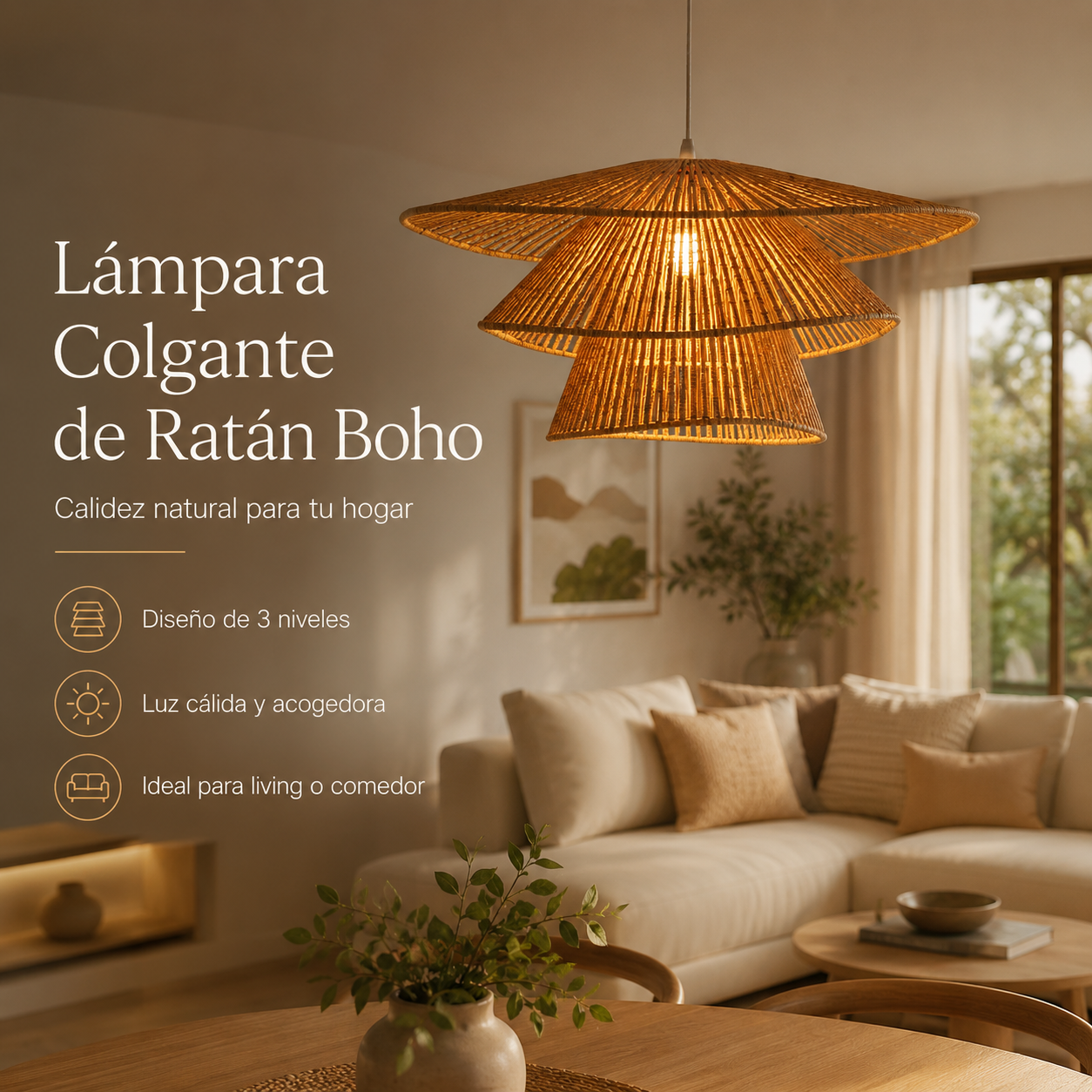 Lámpara colgante de ratán boho 3 niveles para comedor y living