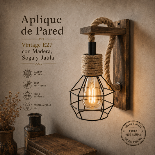 Aplique de pared vintage E27 con madera, soga y jaula negra