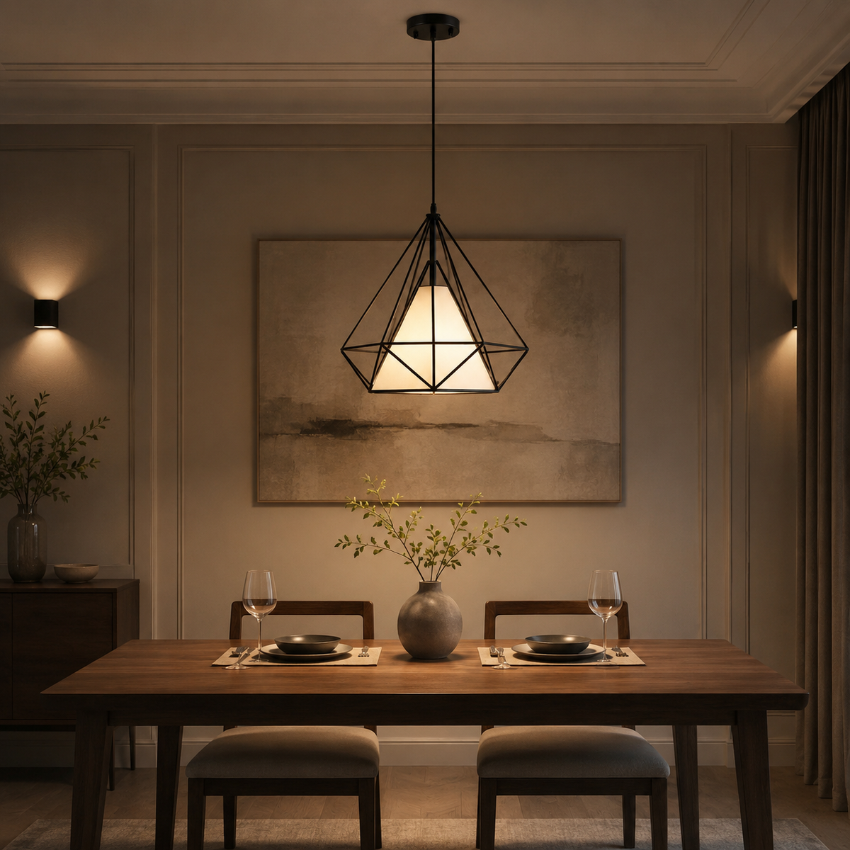 Lámpara colgante diamante negra iluminando una mesa de comedor moderna