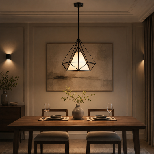 Lámpara colgante diamante negra iluminando una mesa de comedor moderna