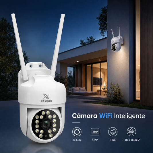 Cámara WiFi exterior 4MP 360° IP66 instalada en muro