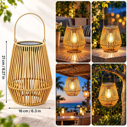 Lámpara Solar Tejida de Bambú con Luz Cálida para Jardín Exterior y Decoracion