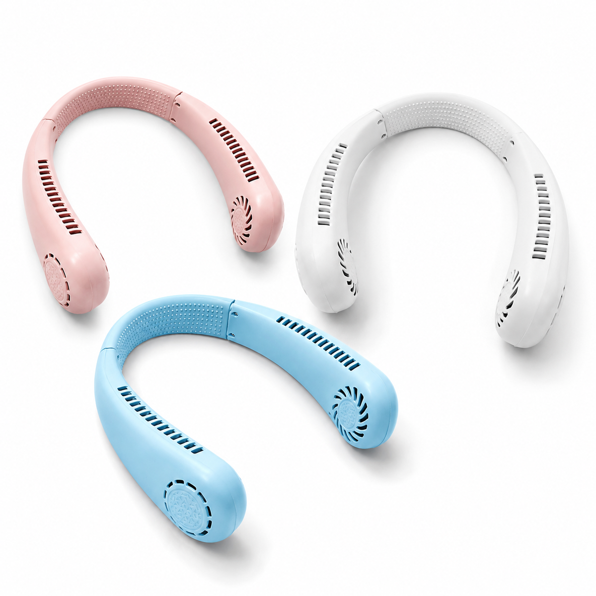 Ventilador de cuello USB disponible en rosa, blanco y azul