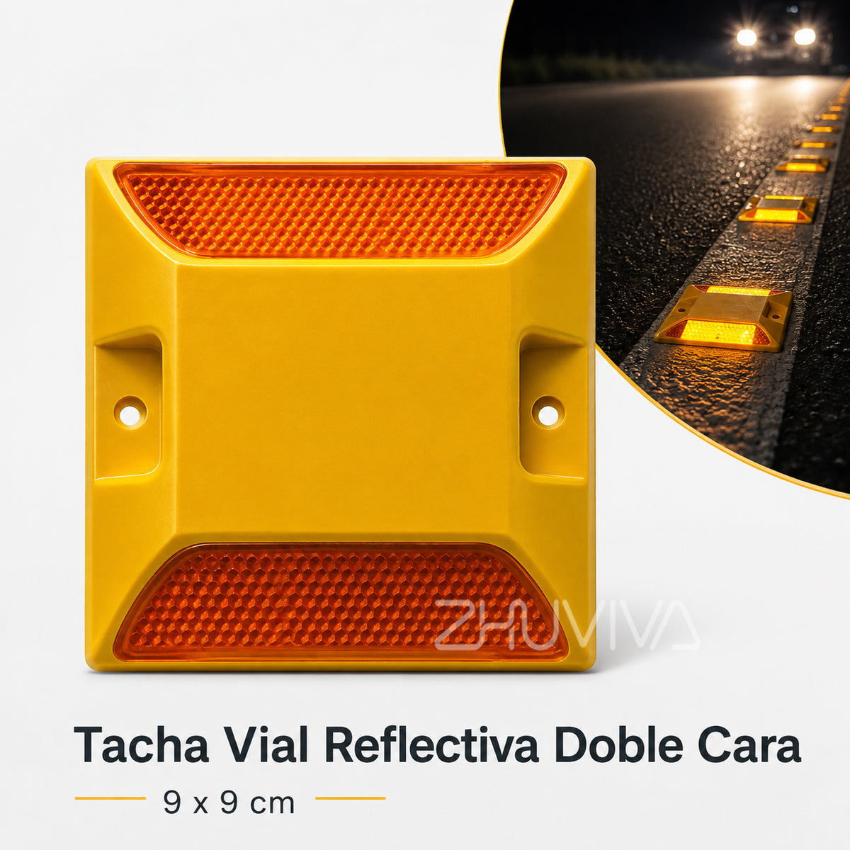 Tacha vial reflectiva amarilla de doble cara 9 x 9 cm