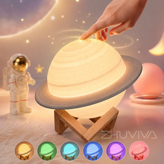 Lámpara LED 3D de Saturno RGB con base de madera y control táctil