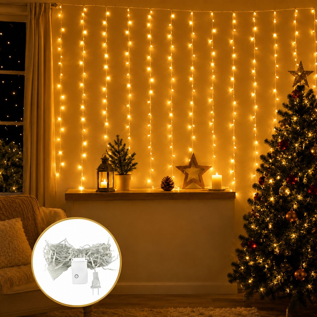Pack 4 Cortinas LED Cascada 3m Luz Amarilla para Decoración