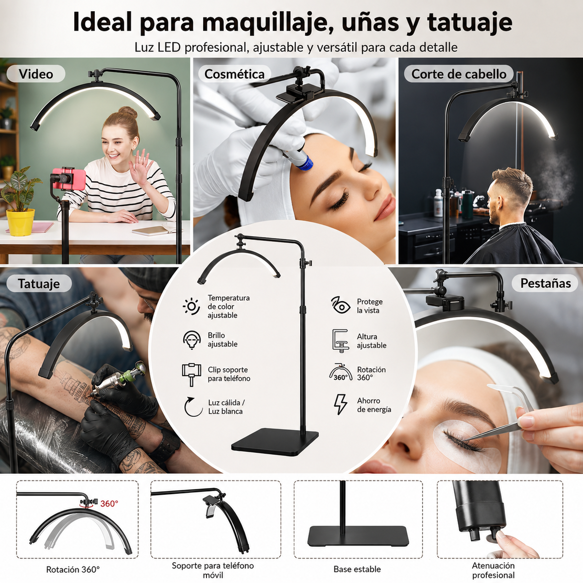 Lámpara Media Luna LED 36W de Pie con Control para Pestañas, Maquillaje y Estética
