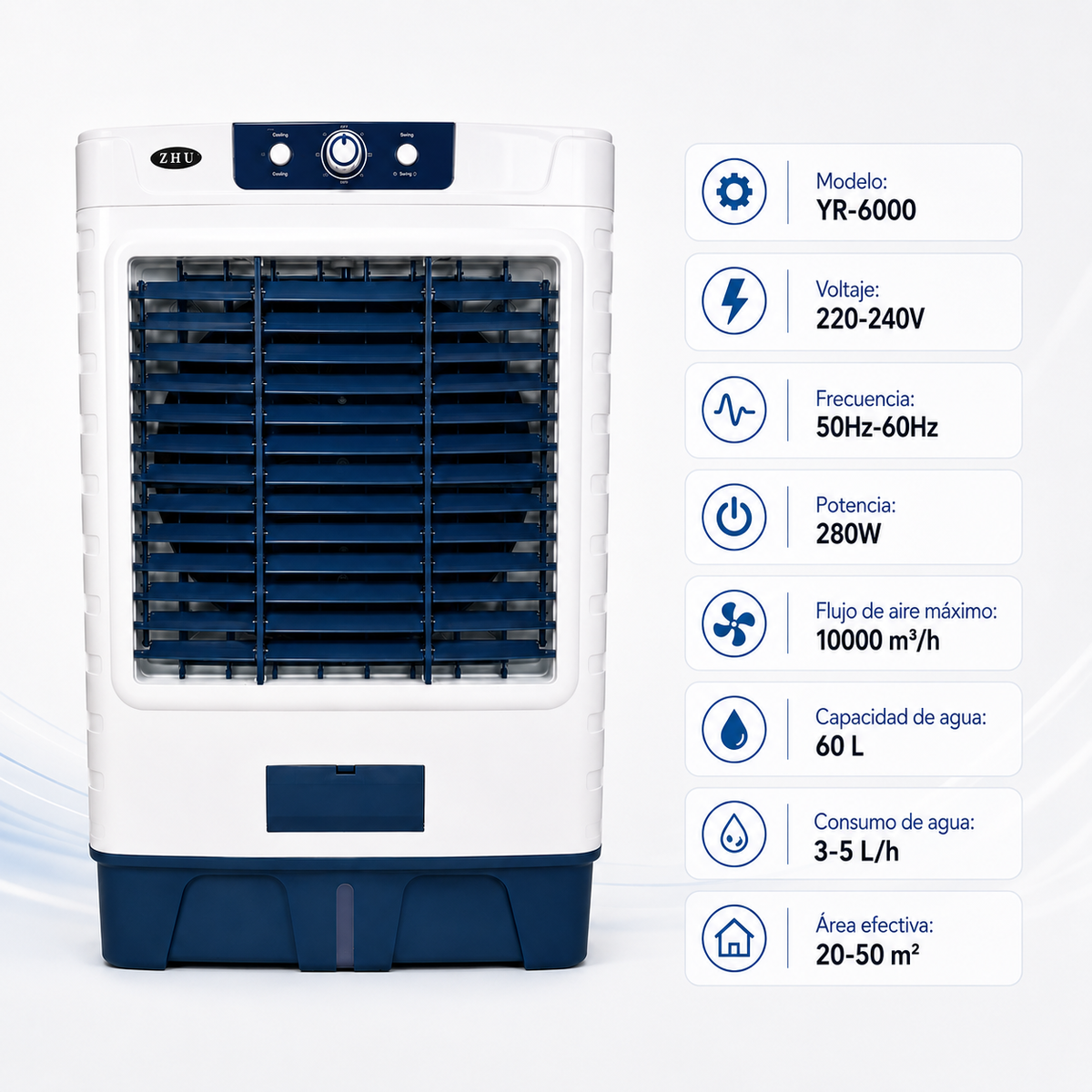 Climatizador evaporativo 280 W con especificaciones técnicas