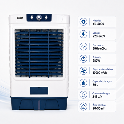 Climatizador evaporativo 280 W con especificaciones técnicas