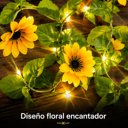 Detalle de guirnalda solar decorativa con girasoles artificiales y luces LED cálidas
