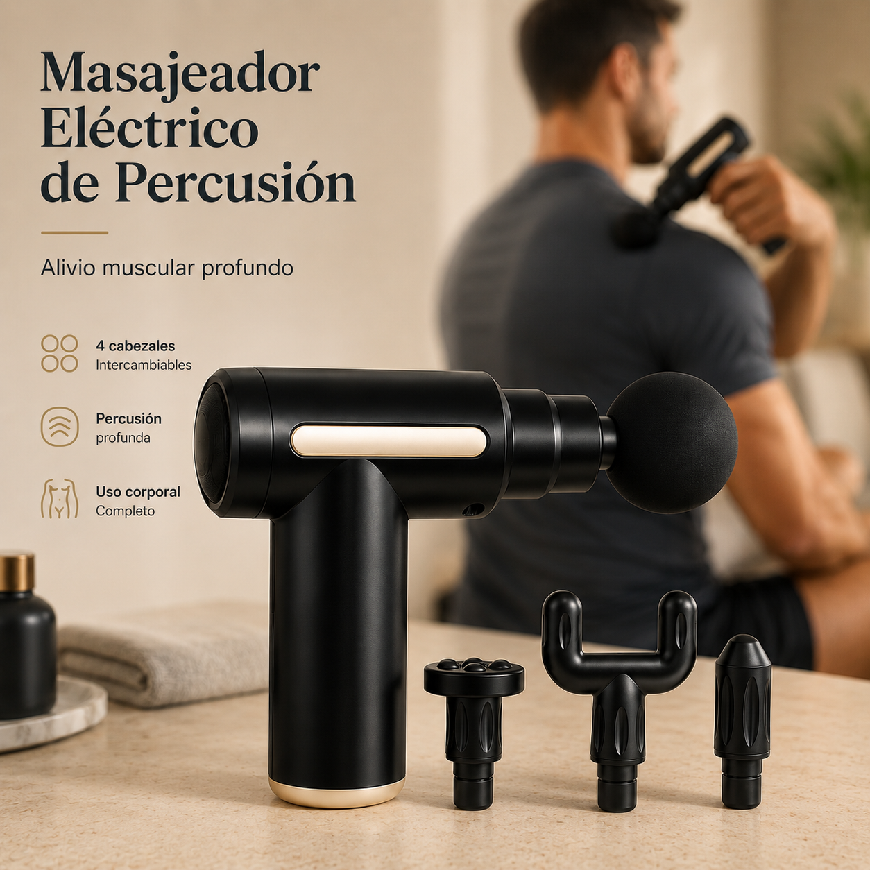 Pistola de Masaje Muscular 6 Velocidades con 4 Cabezales