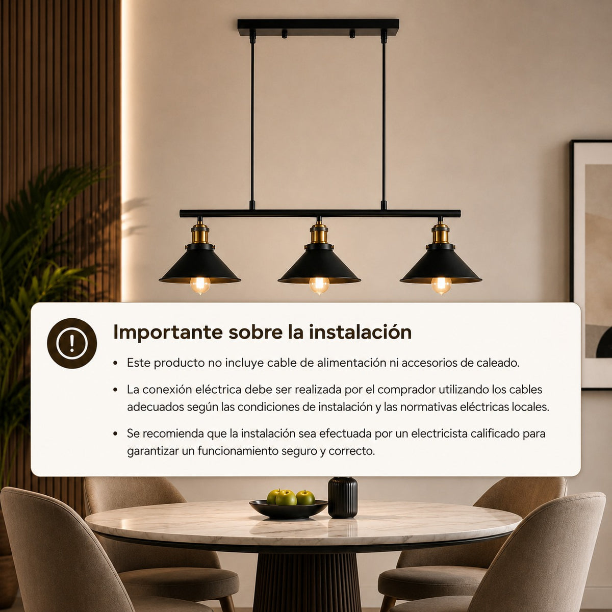 Lámpara Colgante Industrial 3 Luces Negra para Comedor Cocina Living