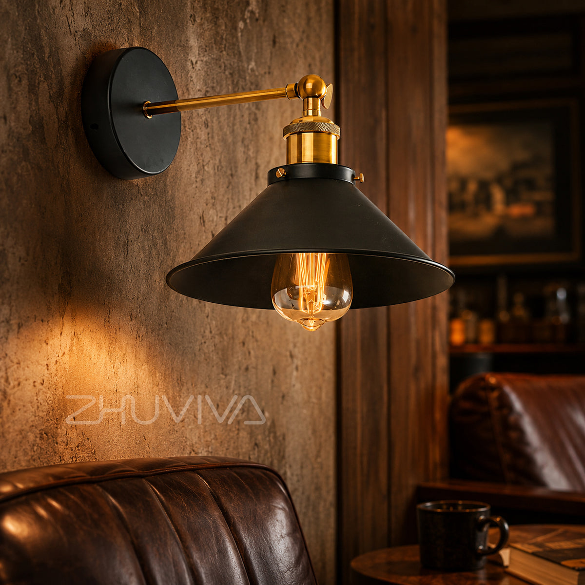 Aplique de pared E27 negro con detalles bronce y pantalla estilo industrial