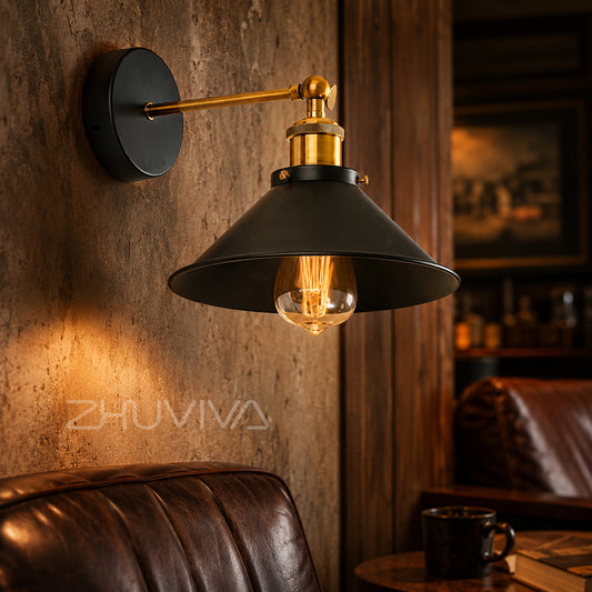 Aplique de pared E27 negro con detalles bronce y pantalla estilo industrial