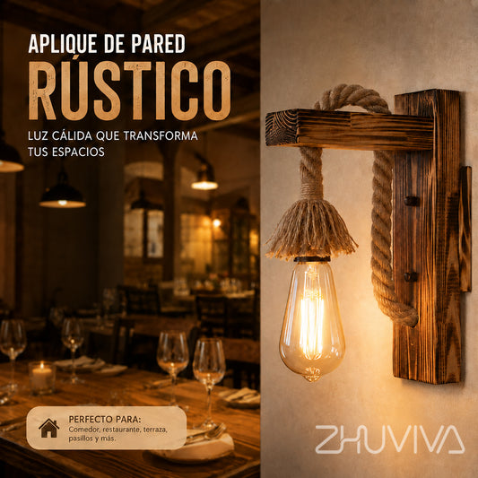 Lámpara de pared rústica de madera y cuerda en restaurante