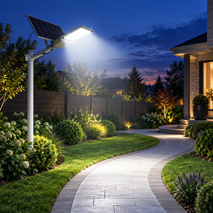 Foco solar LED en poste iluminando sendero y jardín de noche