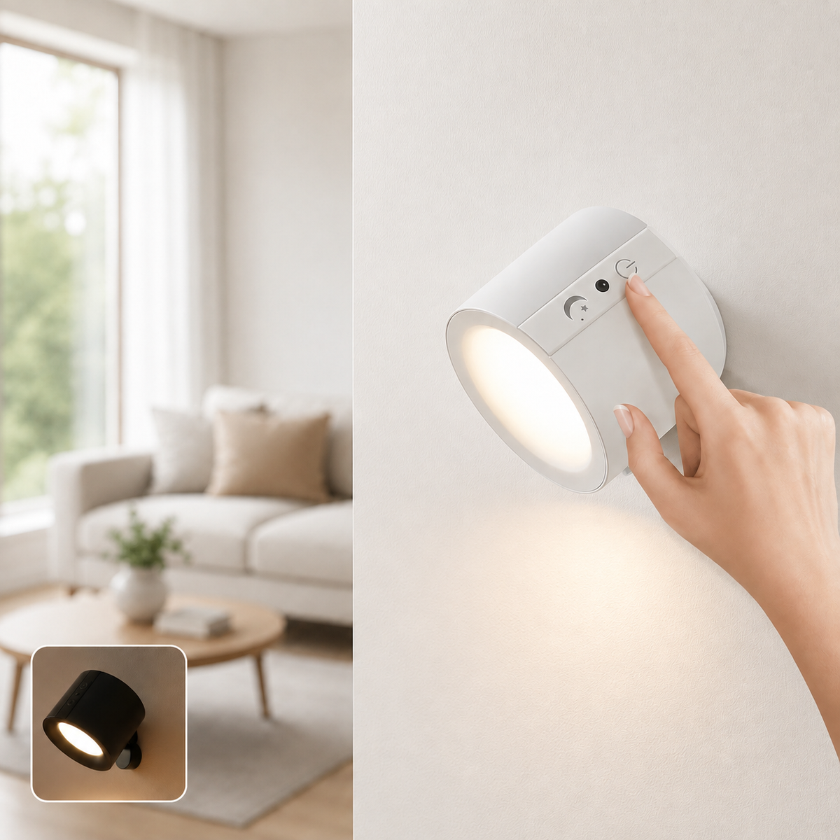 Lámpara LED de pared encendida junto a velador con control remoto y cable USB