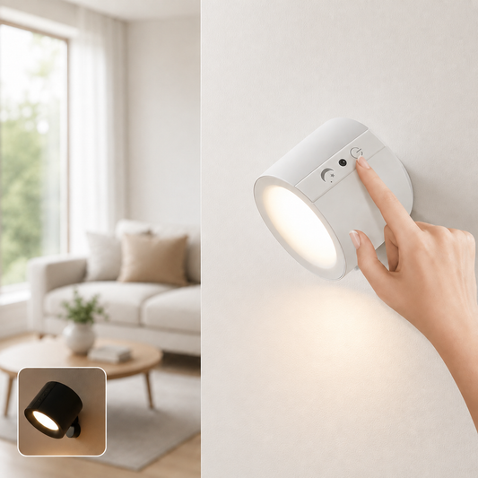 Lámpara LED de pared encendida junto a velador con control remoto y cable USB
