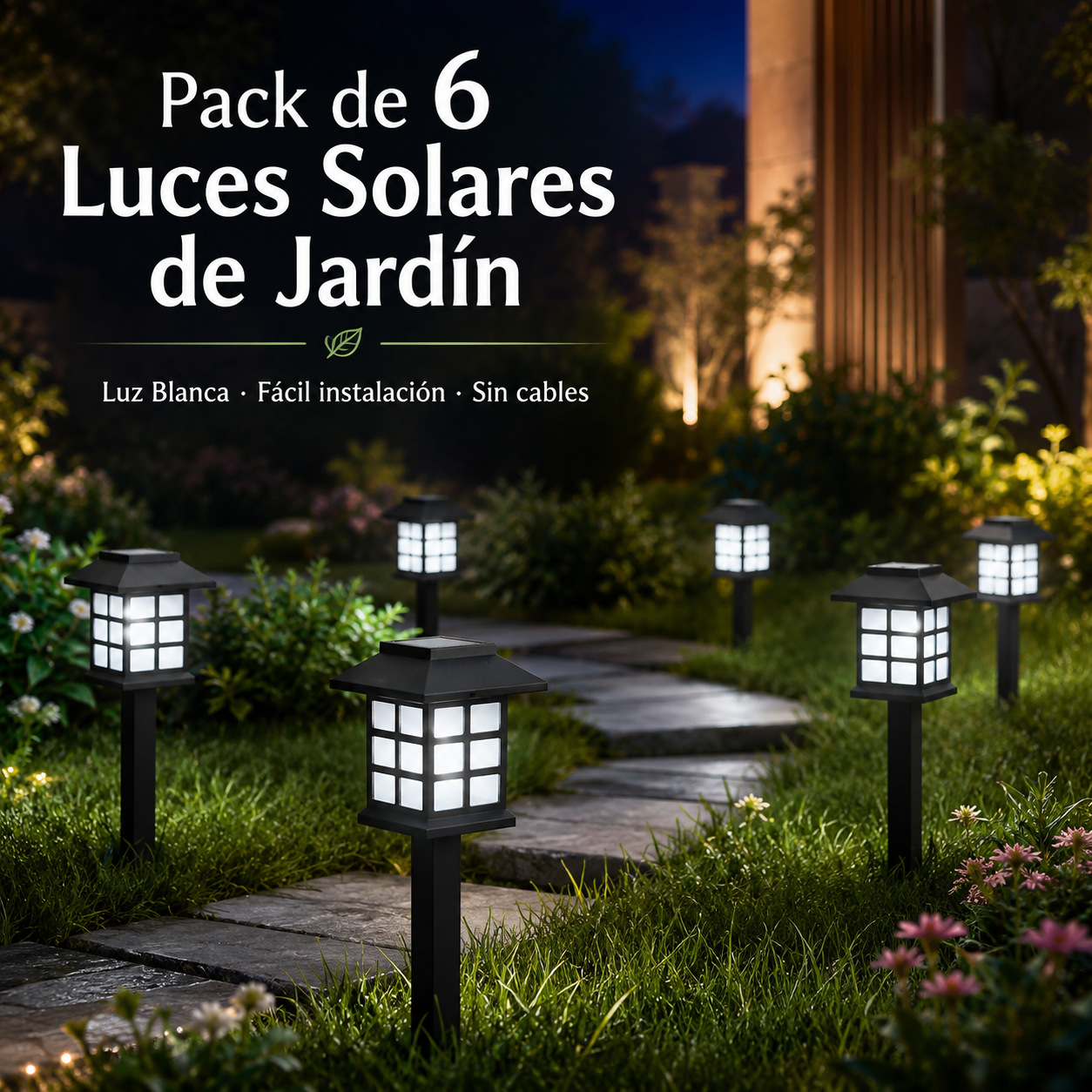 Pack 6 luces solares de jardín tipo farol con estaca y luz blanca