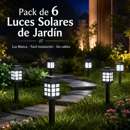 Pack 6 luces solares de jardín tipo farol con estaca y luz blanca