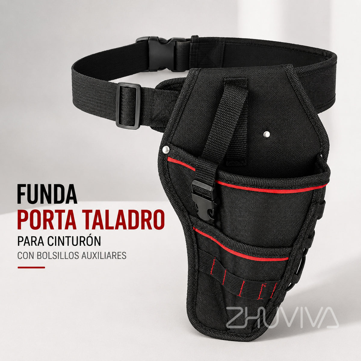 Funda porta taladro negra para cinturón con bolsillos auxiliares