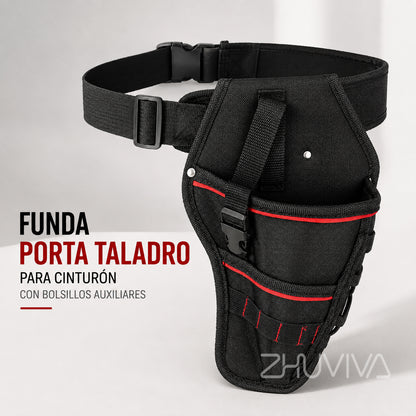 Funda porta taladro negra para cinturón con bolsillos auxiliares