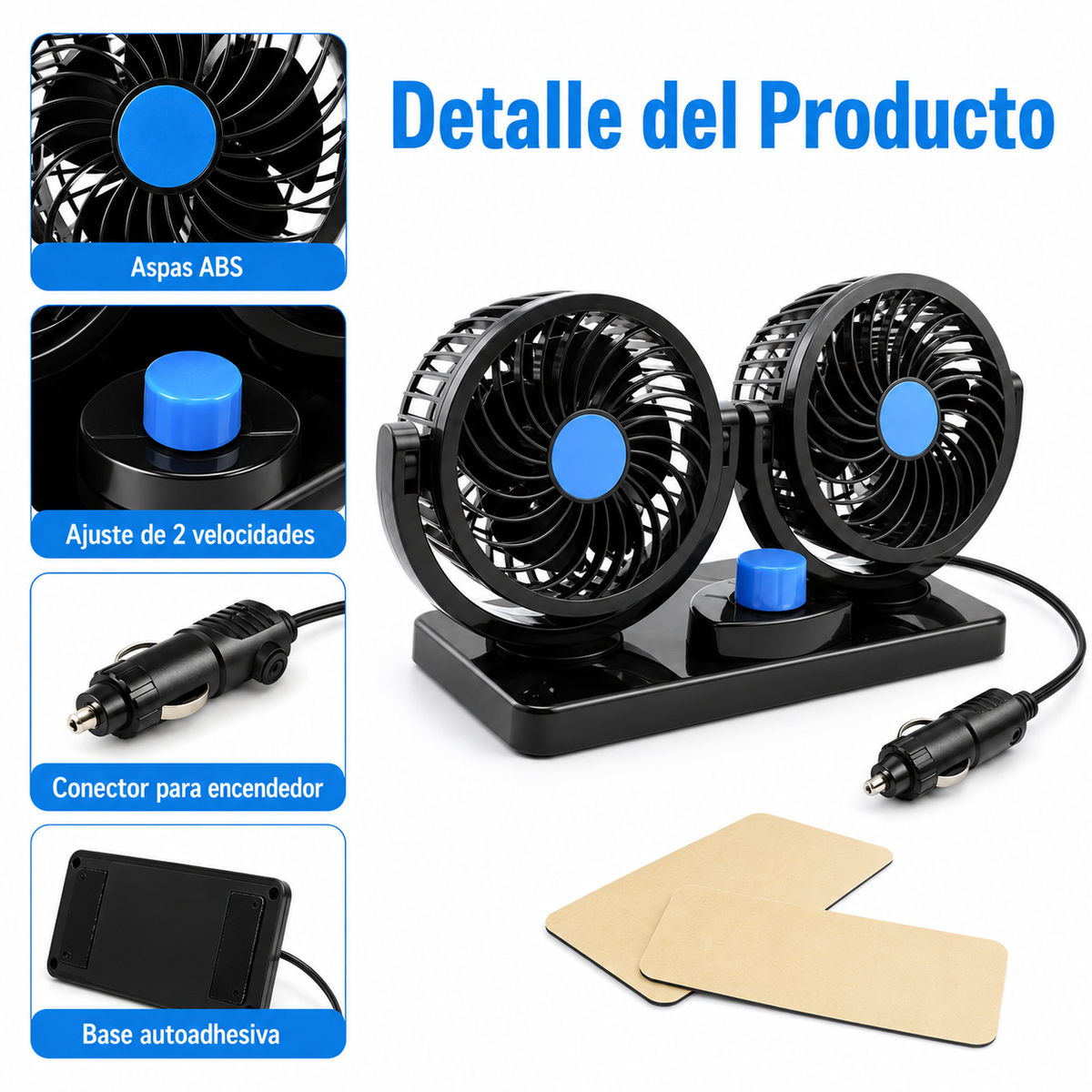 Ventilador Doble 12V para Auto con Giro 360° y Base Autoadhesiva