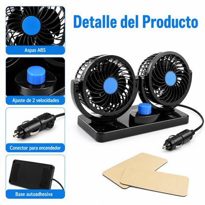 Ventilador Doble 12V para Auto con Giro 360° y Base Autoadhesiva