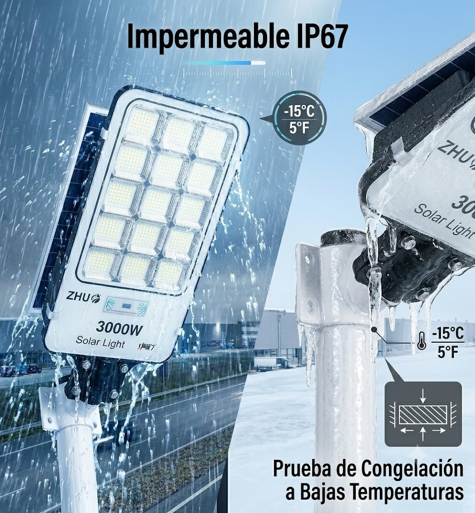 Foco solar LED 3000W ZHU impermeable IP67 resistente a la lluvia y heladas de invierno para exteriores
