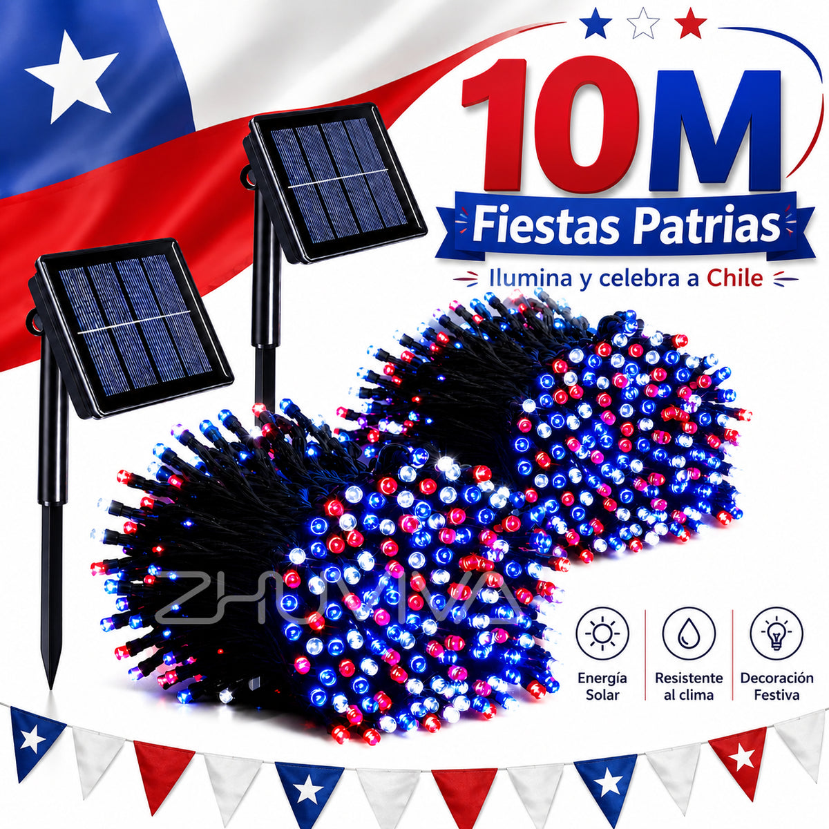 ZHU|Pack 2 Guirnaldas Luces Solares LED IP65 para Fiestas Patrias Chile Jardín Terraza Exterior