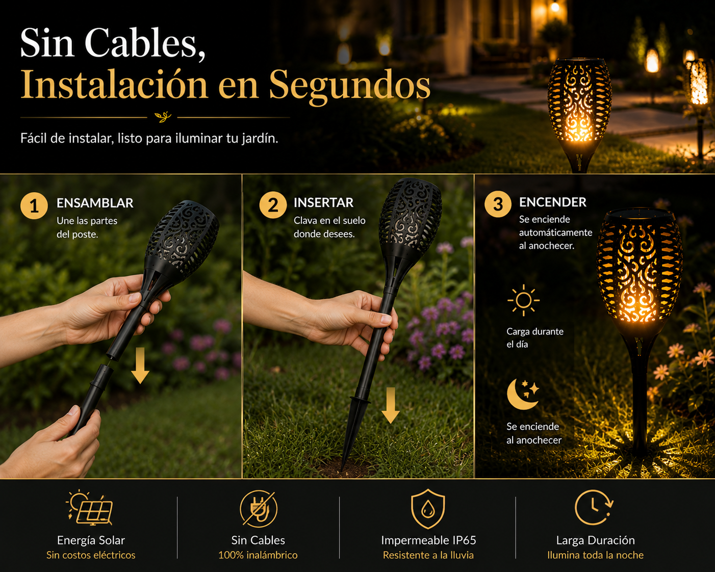 ZHUVIVA Antorcha Solar LED Exterior 58cm con Estaca para Jardín