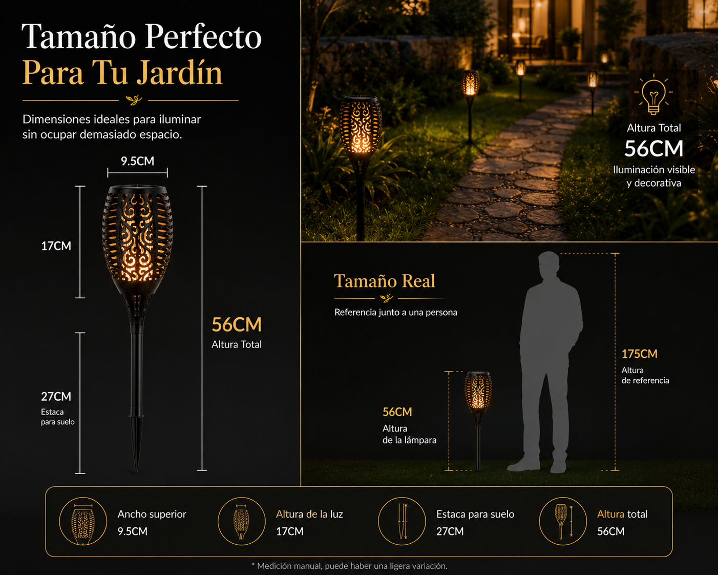 ZHUVIVA Antorcha Solar LED Exterior 58cm con Estaca para Jardín