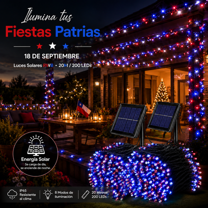 Pack 2 Guirnaldas Luces Solares LED 20M 200 LEDs IP65 Rojas Blancas y Azules para Fiestas Patrias Chile Jardín Terraza Exterior