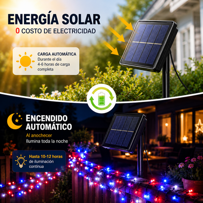 Pack 2 Guirnaldas Luces Solares LED 20M 200 LEDs IP65 Rojas Blancas y Azules para Fiestas Patrias Chile Jardín Terraza Exterior