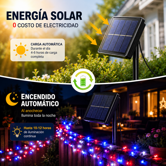 Pack 2 Guirnaldas Luces Solares LED 20M 200 LEDs IP65 Rojas Blancas y Azules para Fiestas Patrias Chile Jardín Terraza Exterior