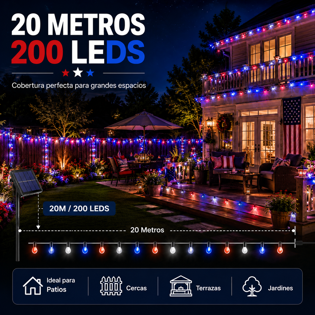 Pack 2 Guirnaldas Luces Solares LED 20M 200 LEDs IP65 Rojas Blancas y Azules para Fiestas Patrias Chile Jardín Terraza Exterior