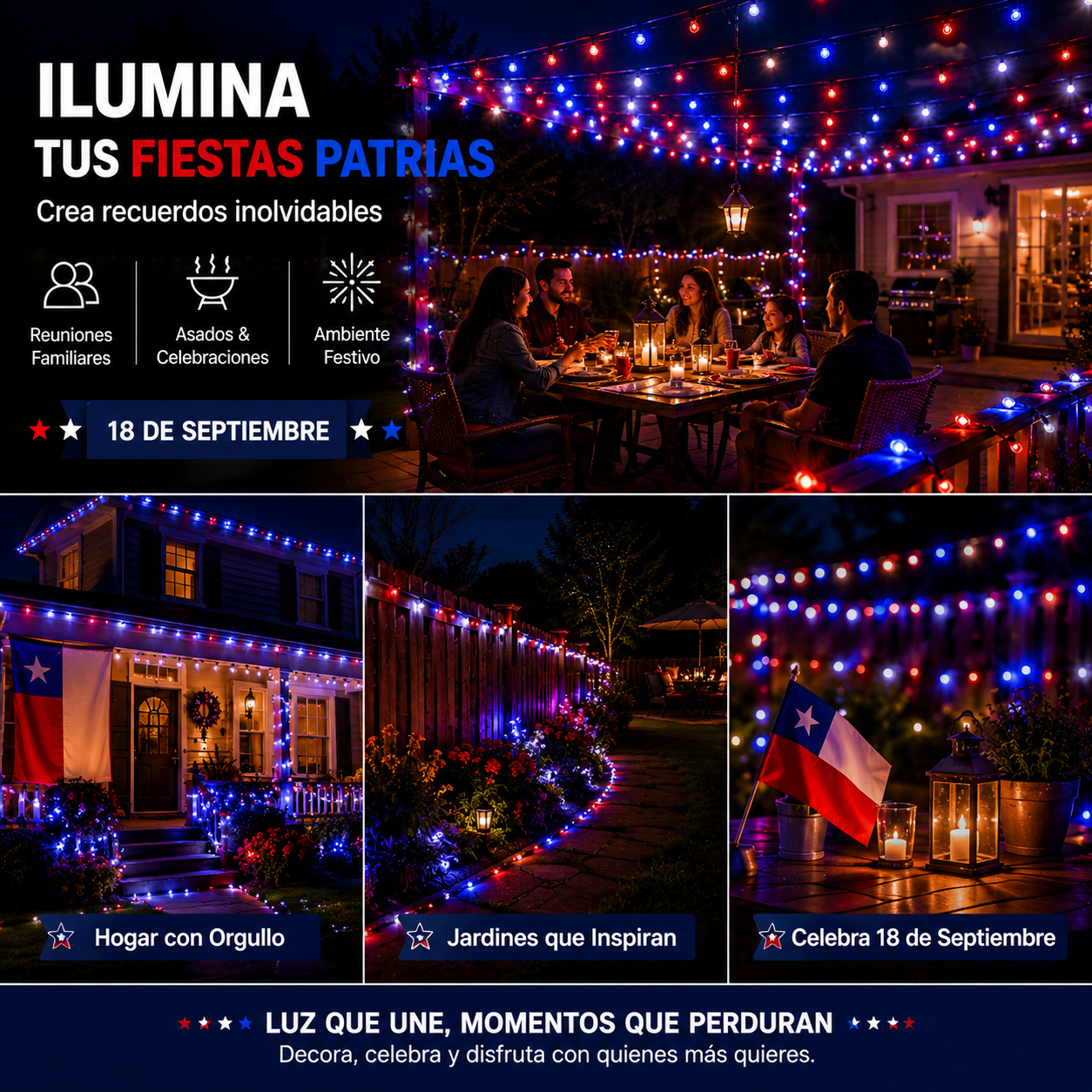 Pack 2 Guirnaldas Luces Solares LED 20M 200 LEDs IP65 Rojas Blancas y Azules para Fiestas Patrias Chile Jardín Terraza Exterior